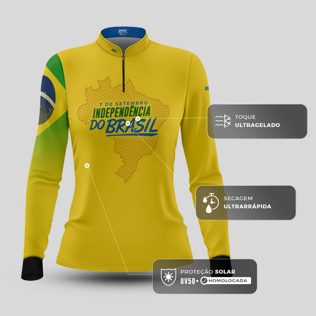Camisa de Motociclismo Feminina Brk Independência Brasil Amarelo com Proteção Solar UV50+