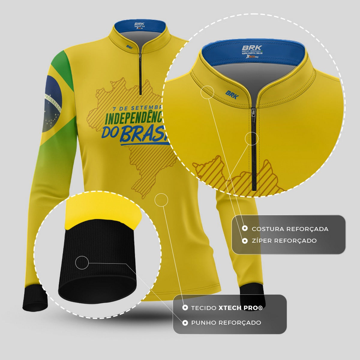 Camisa de Motociclismo Feminina Brk Independência Brasil Amarelo com Proteção Solar UV50+