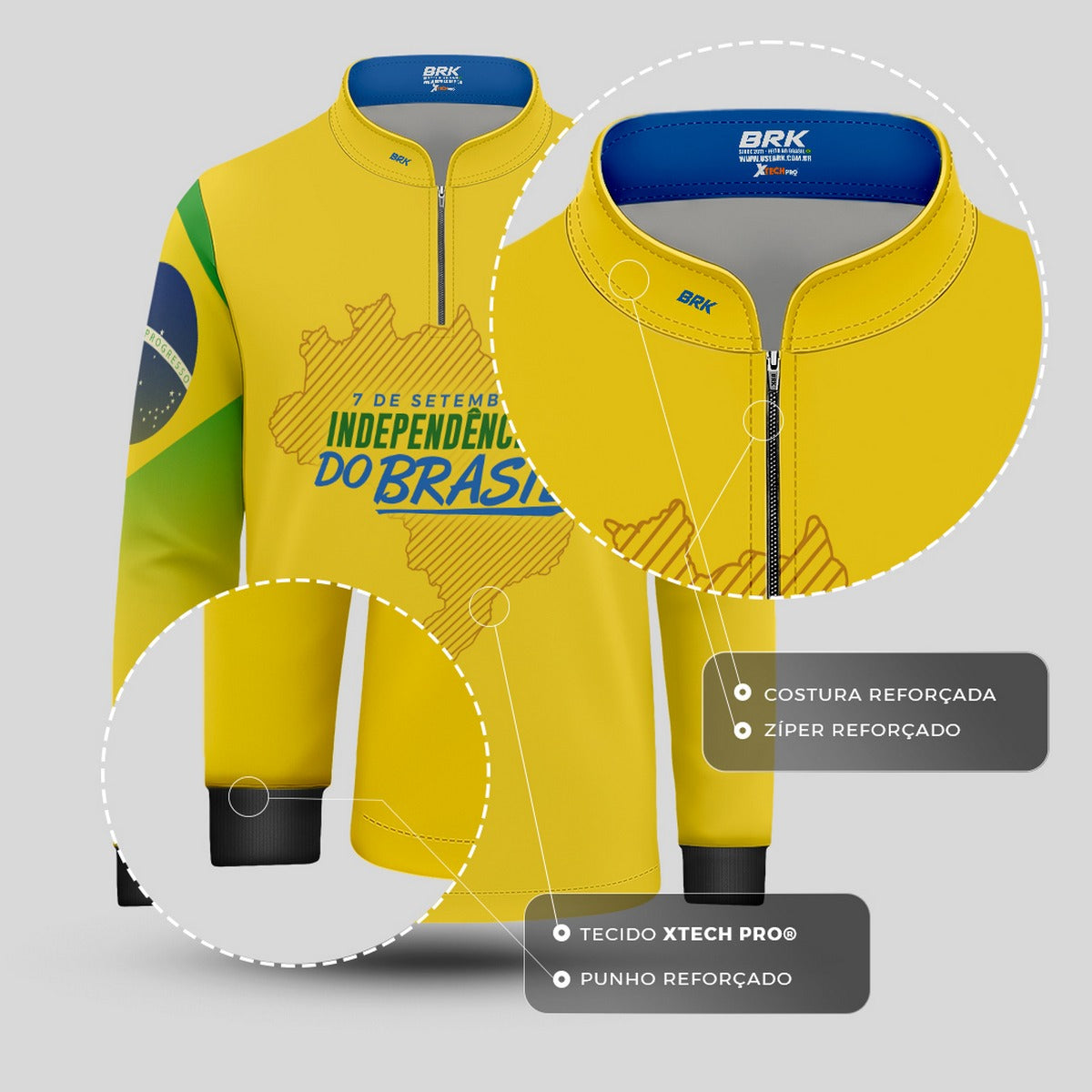 Camisa de Motociclismo Infantil Brk Independência Brasil Amarelo com Proteção Solar UV50+