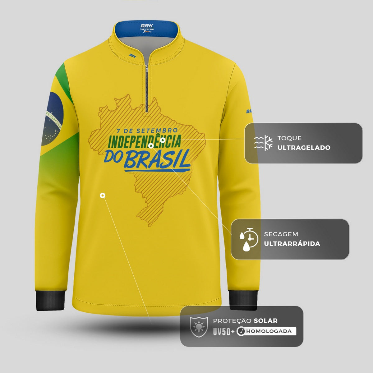 Camisa de Motociclismo Infantil Brk Independência Brasil Amarelo com Proteção Solar UV50+