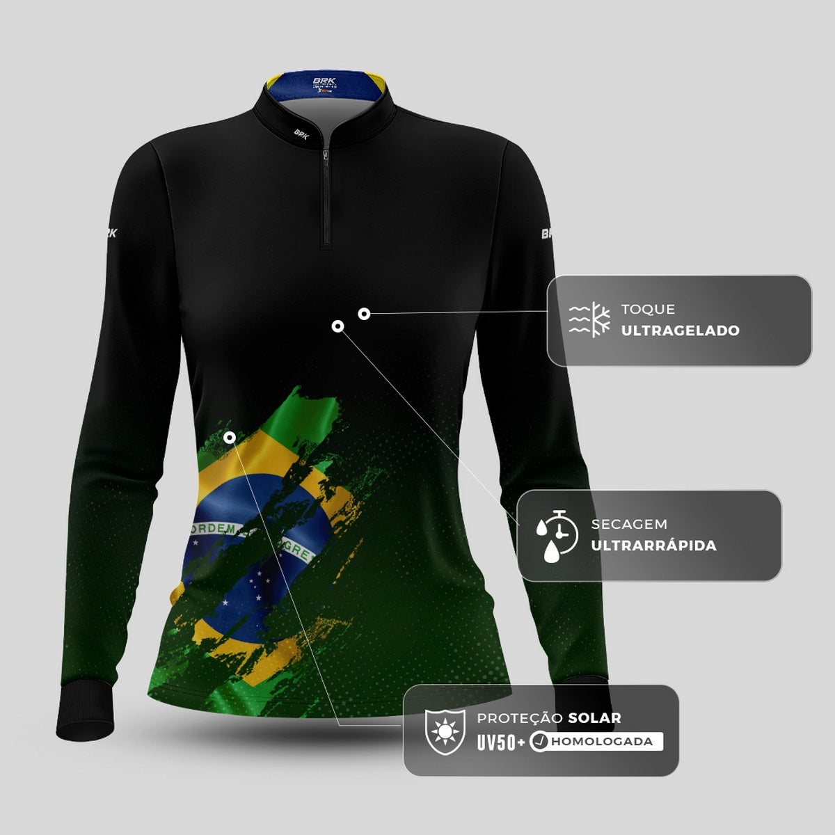 Camisa de Motociclismo Feminina Brk Bandeira Brasil Lateral com Proteção Solar UV50+