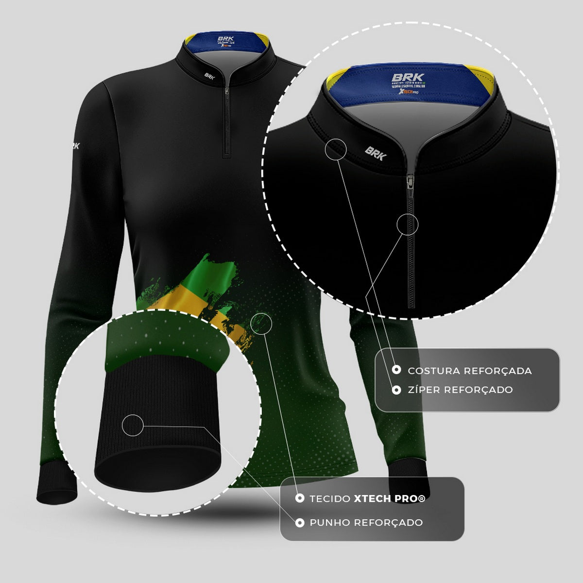 Camisa de Motociclismo Feminina Brk Bandeira Brasil Lateral com Proteção Solar UV50+
