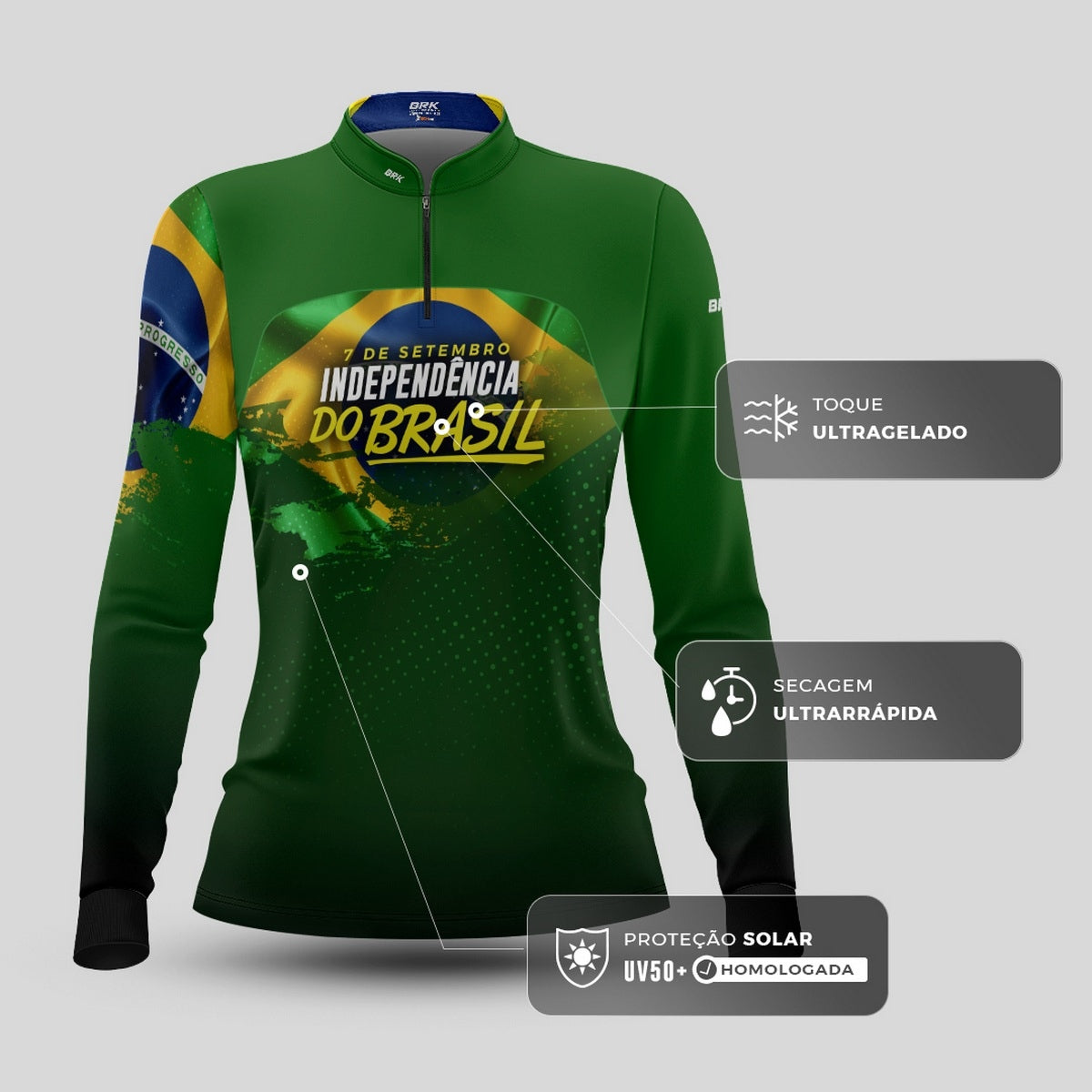 Camisa de Motociclismo Feminina Brk Independência Brasil Verde com Proteção Solar UV50+