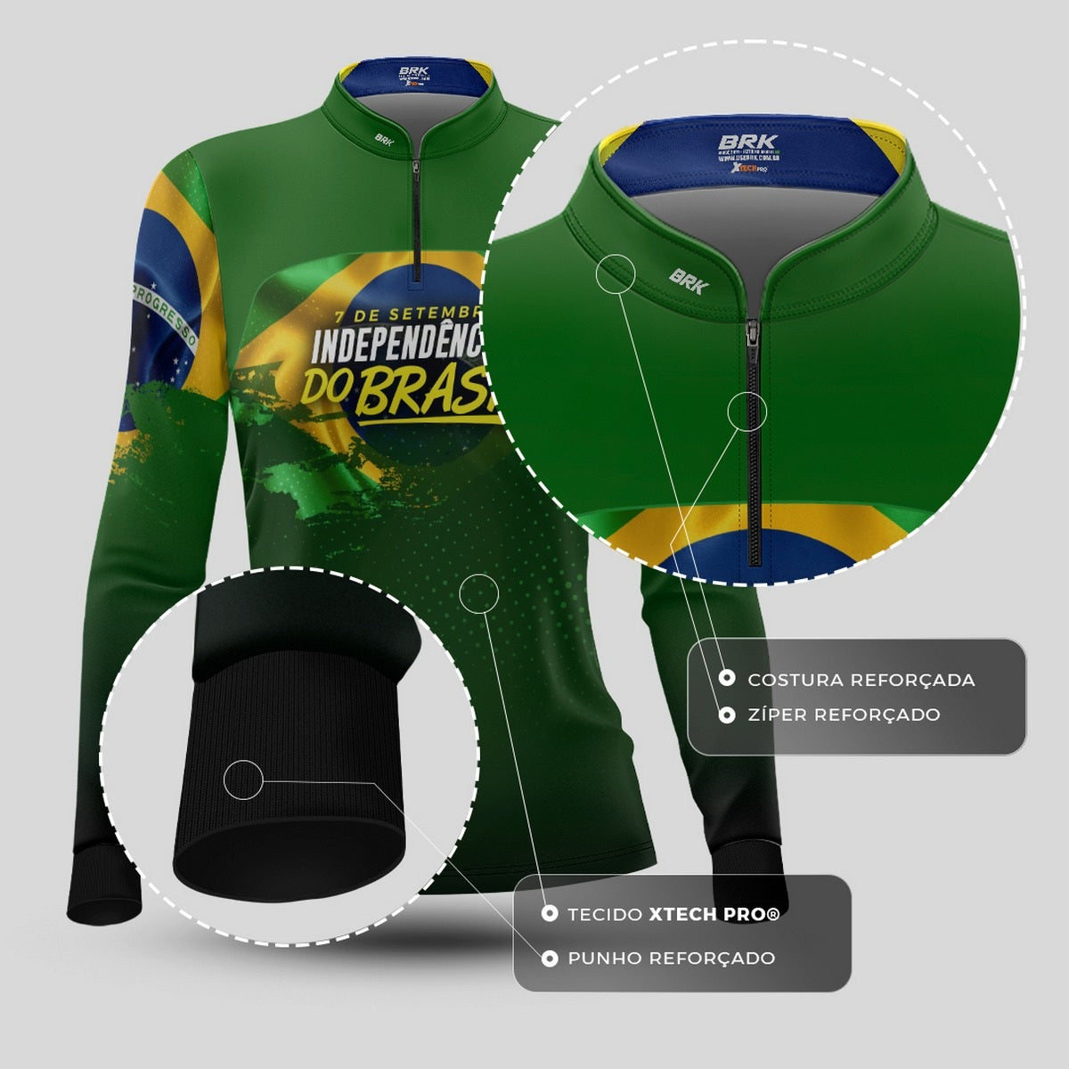 Camisa de Motociclismo Feminina Brk Independência Brasil Verde com Proteção Solar UV50+