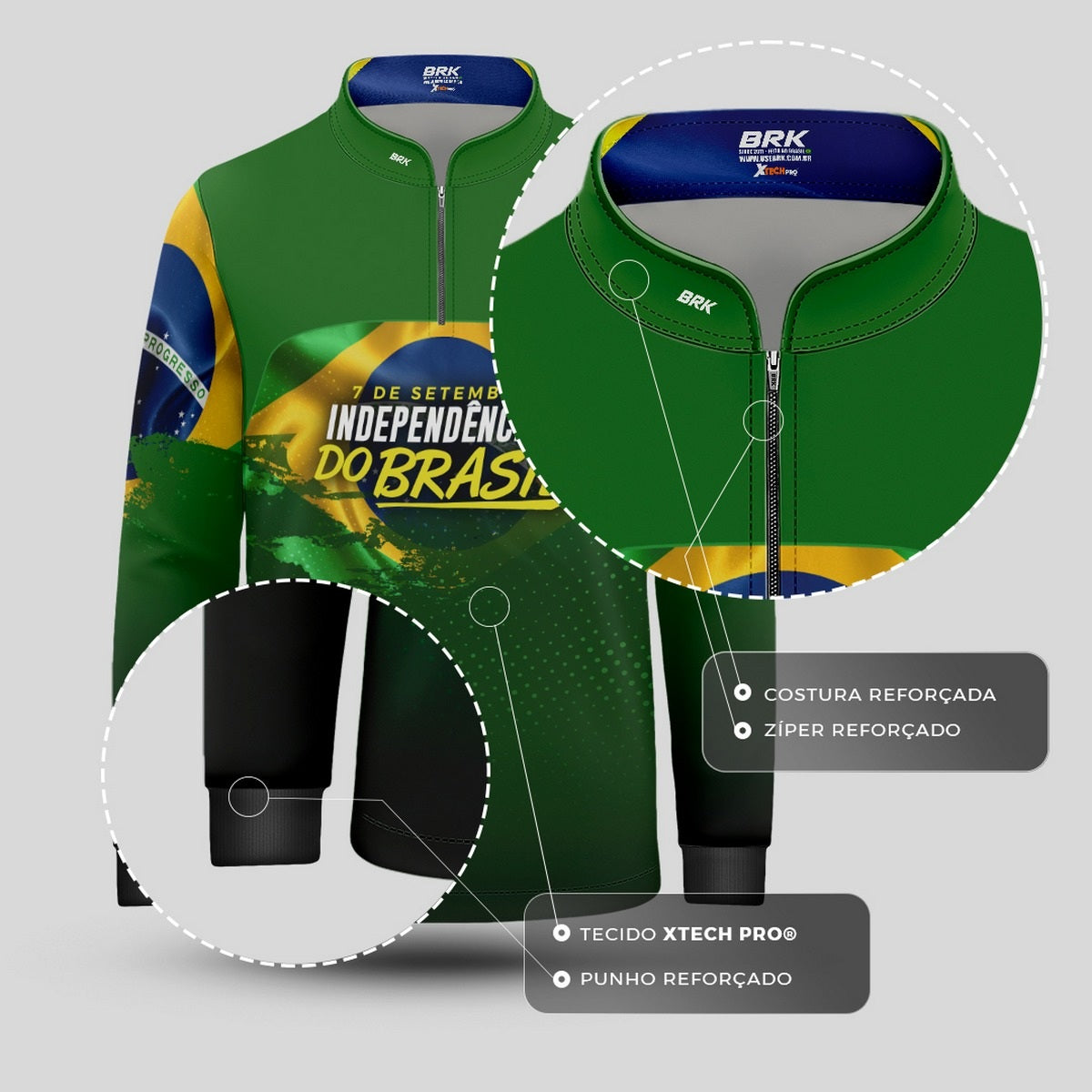 Camisa de Motociclismo Infantil Brk Independência Brasil Verde com Proteção Solar UV50+