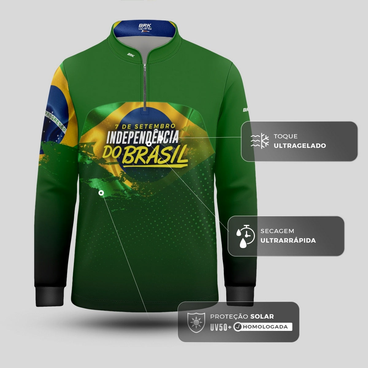 Camisa de Motociclismo Infantil Brk Independência Brasil Verde com Proteção Solar UV50+