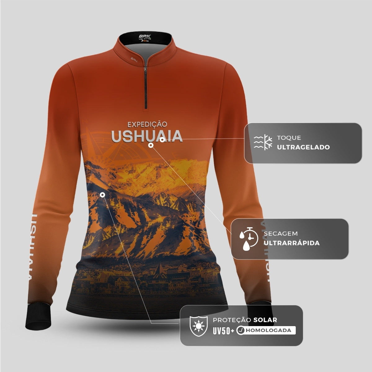 Camisa de Motociclismo Feminina Brk Laranja Expedição Ushuaia com Proteção UV50