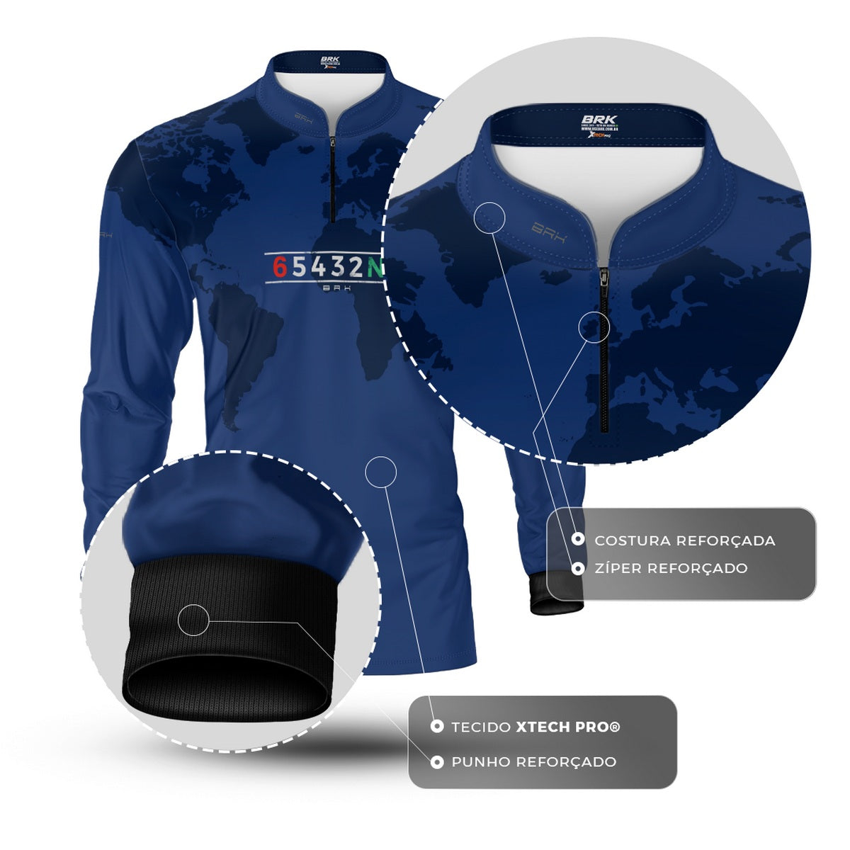 Camisa Manga Longa com Proteção UV50 Brk Azul Mapa Mundi 6 Marchas