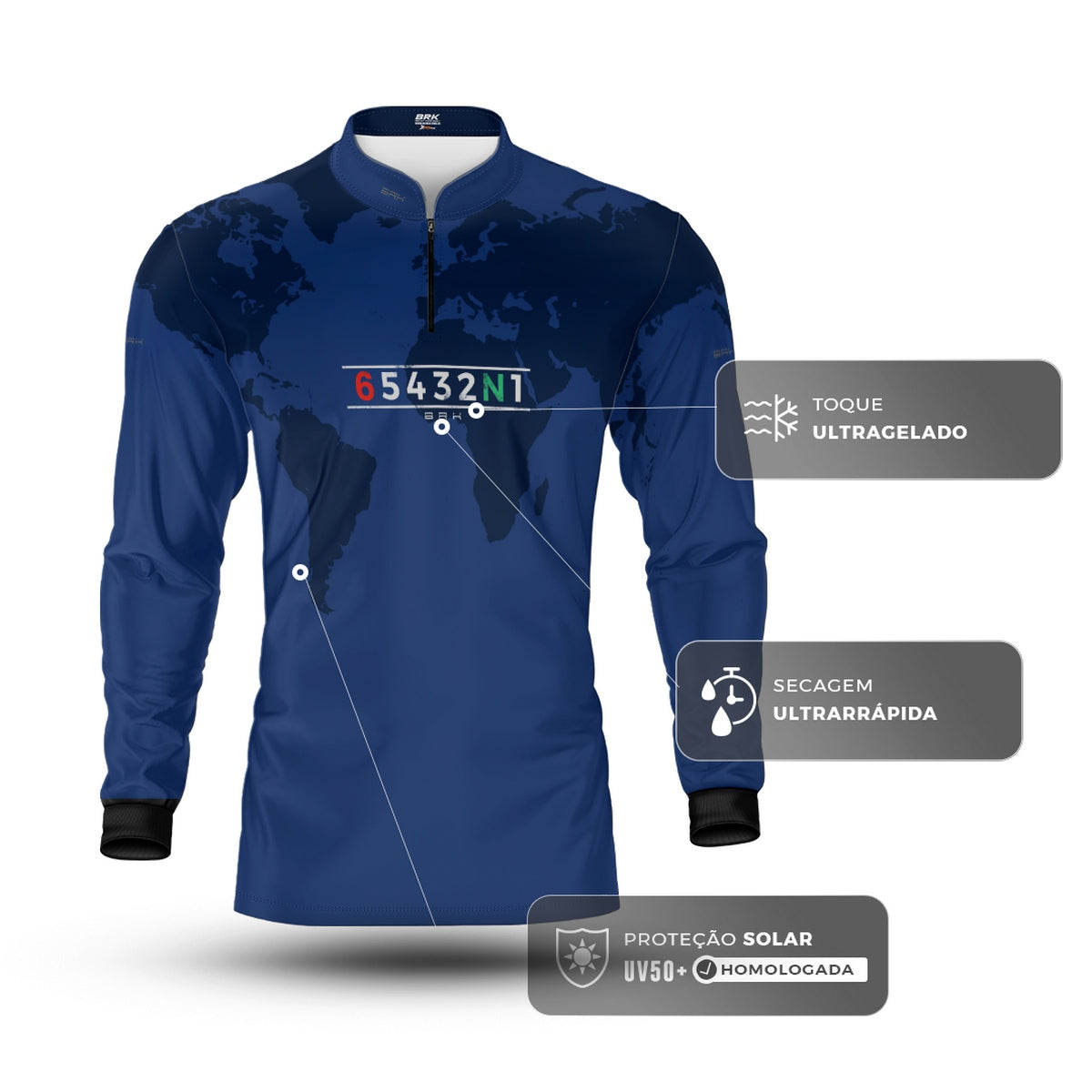 Camisa Manga Longa com Proteção UV50 Brk Azul Mapa Mundi 6 Marchas