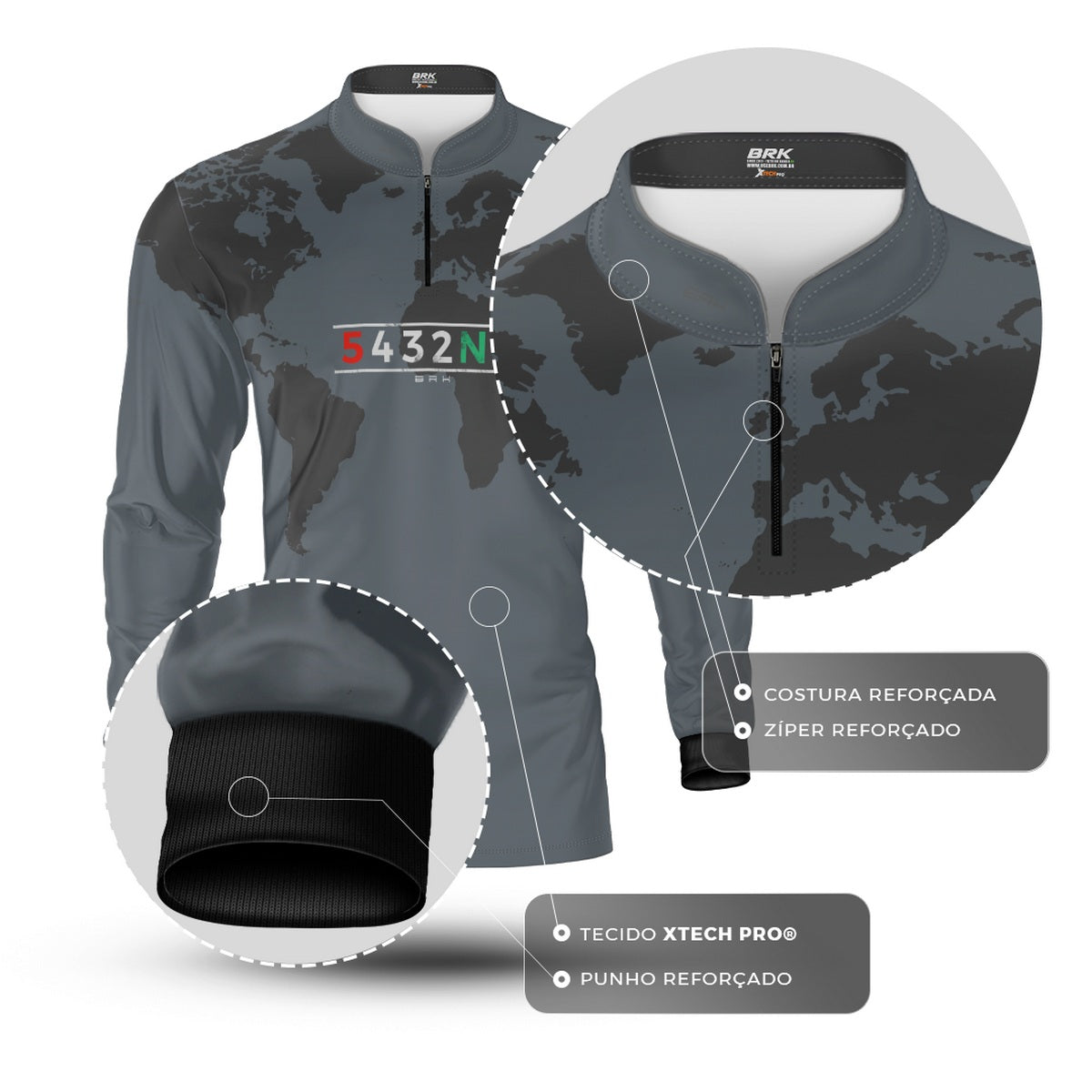 Camisa Manga Longa com Proteção UV50 Brk Cinza Mapa Mundi 5 Marchas