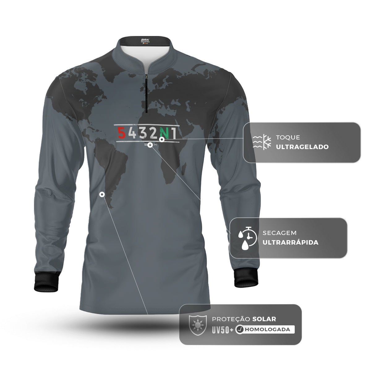 Camisa Manga Longa com Proteção UV50 Brk Cinza Mapa Mundi 5 Marchas
