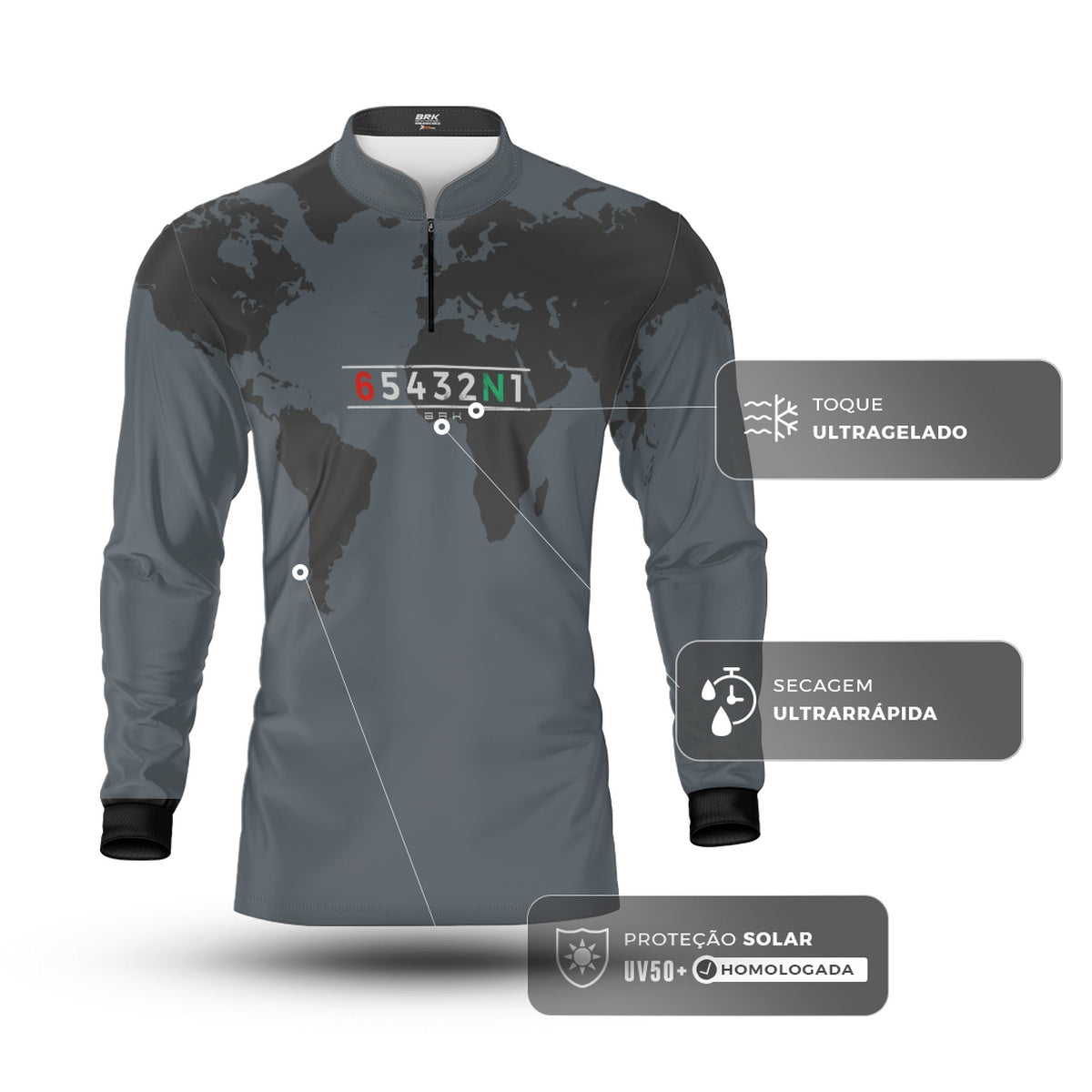 Camisa Manga Longa com Proteção UV50 Brk Cinza Mapa Mundi 6 Marchas
