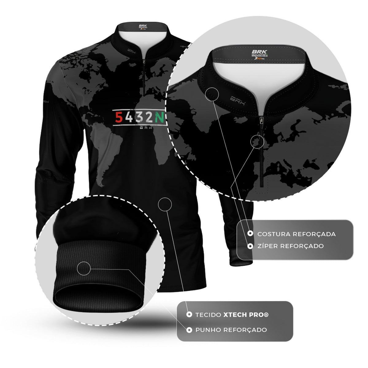 Camisa Manga Longa com Proteção UV50 Brk Preto Mapa Mundi 5 Marchas