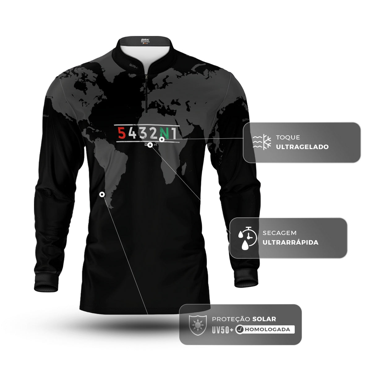Camisa Manga Longa com Proteção UV50 Brk Preto Mapa Mundi 5 Marchas