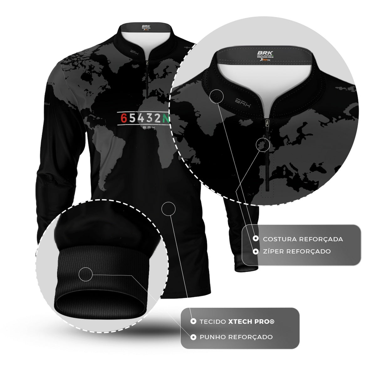 Camisa Manga Longa com Proteção UV50 Brk Preto Mapa Mundi 6 Marchas