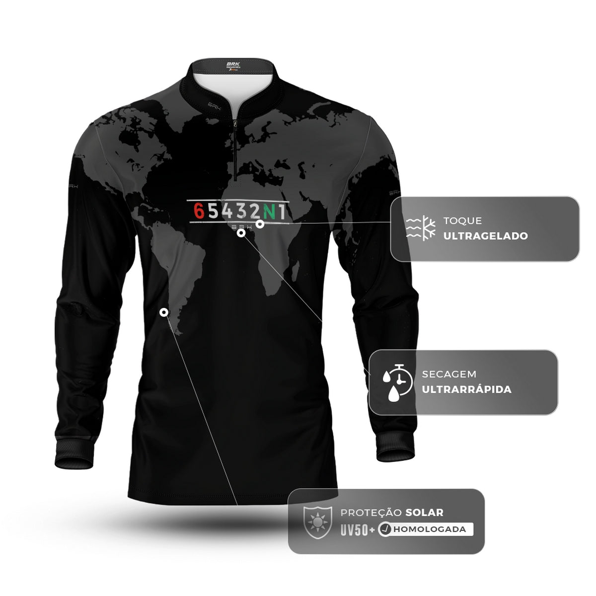Camisa Manga Longa com Proteção UV50 Brk Preto Mapa Mundi 6 Marchas