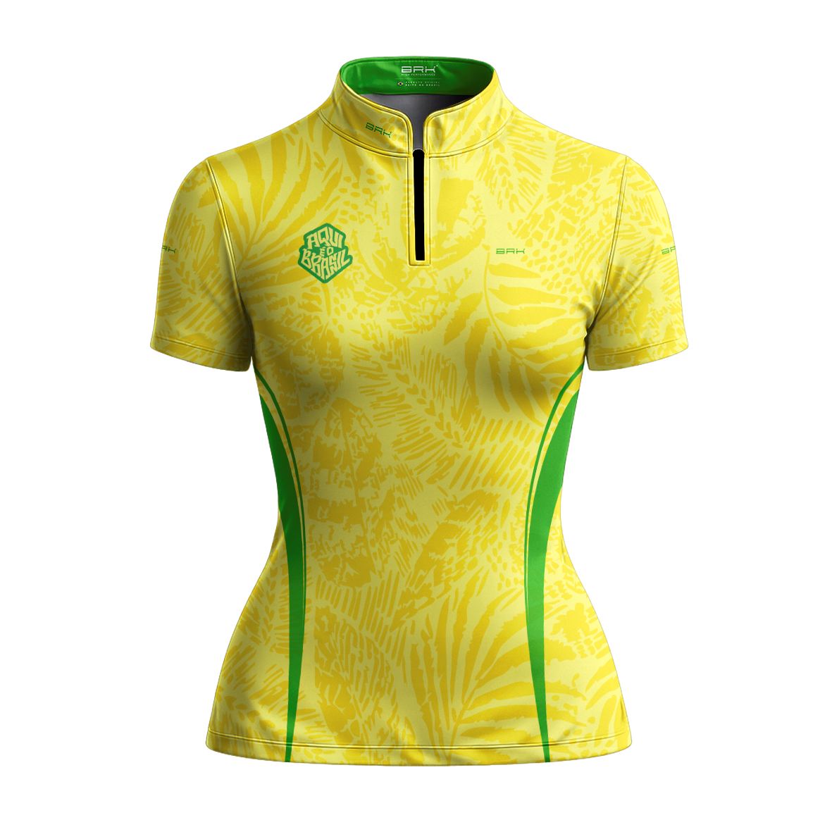 Camiseta Brk Feminina Aqui é o Brasil Folhagem Tropical Amarela com Proteção UV50