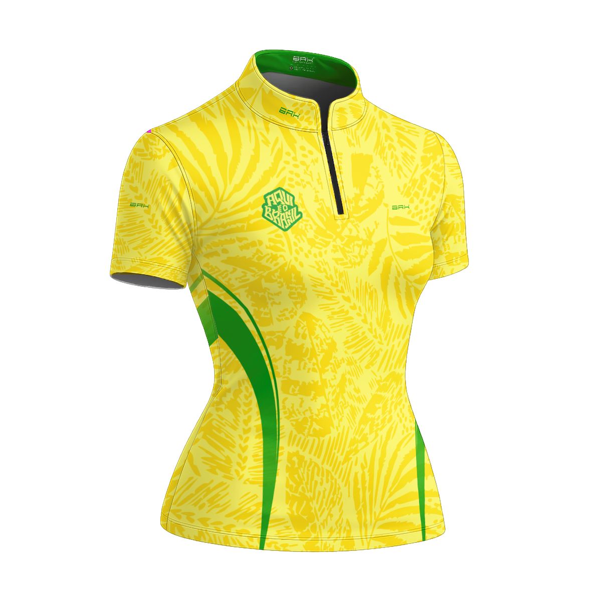 Camiseta Brk Feminina Aqui é o Brasil Folhagem Tropical Amarela com Proteção UV50