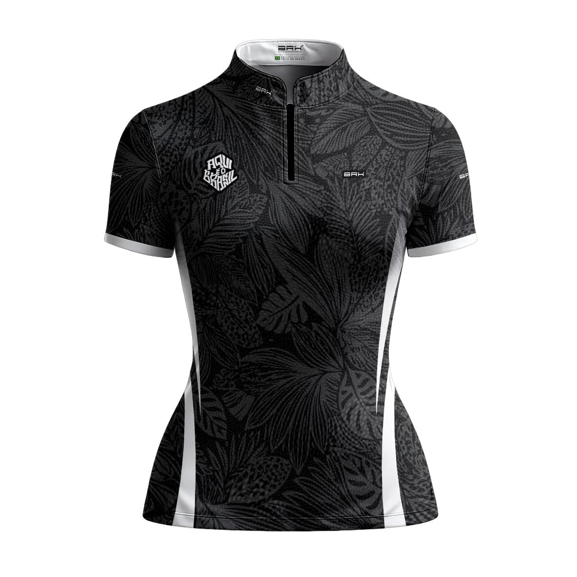 Camiseta Brk Feminina Aqui é o Brasil Folhagem Tropical Preta com Proteção UV50