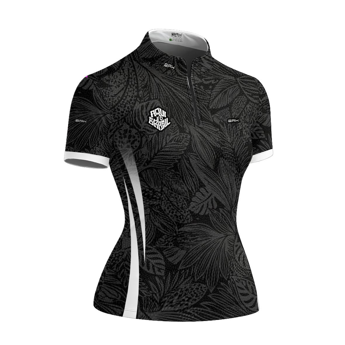 Camiseta Brk Feminina Aqui é o Brasil Folhagem Tropical Preta com Proteção UV50