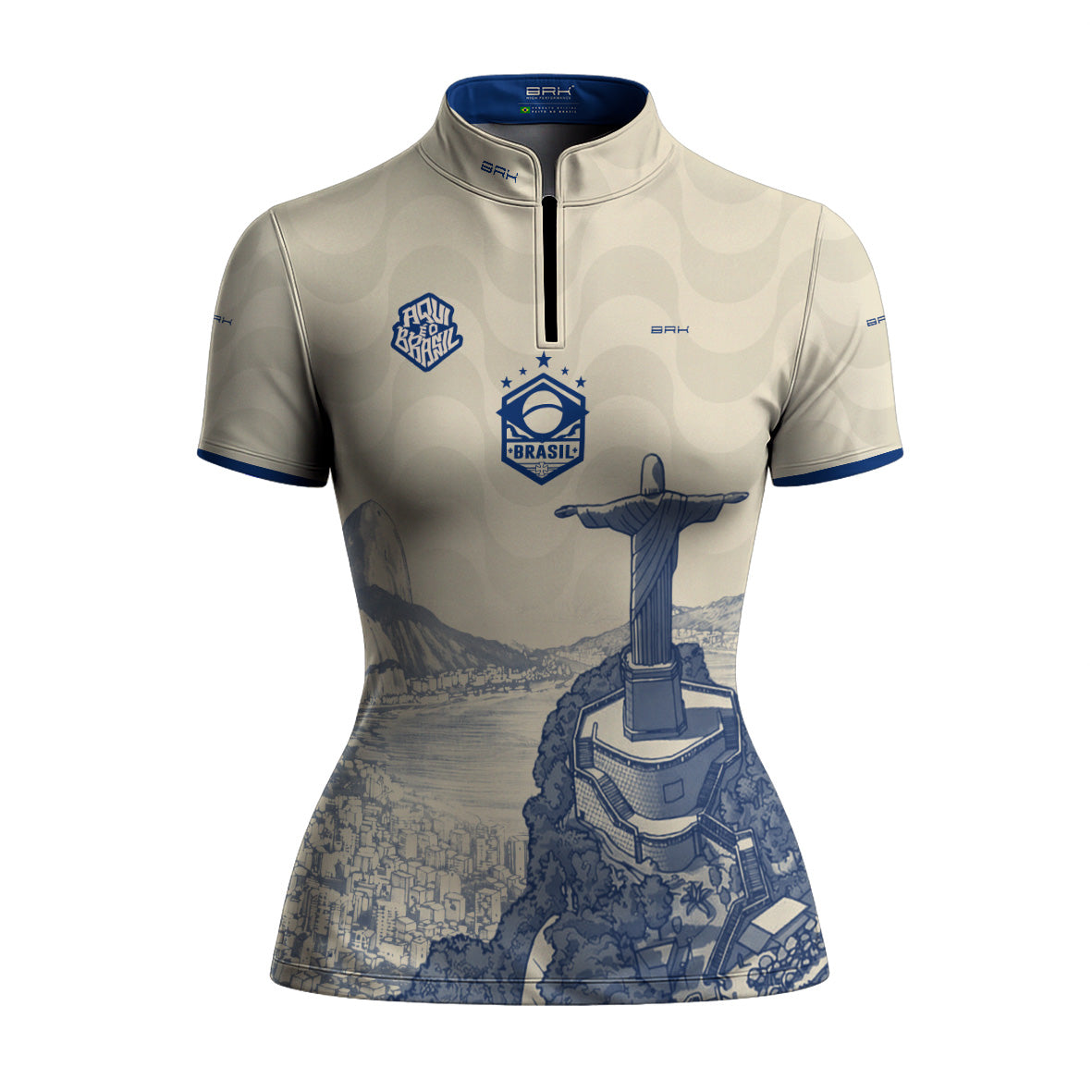 Camiseta Brk Feminina Aqui é o Brasil Cristo Redentor Paisagem Bege com Proteção UV50