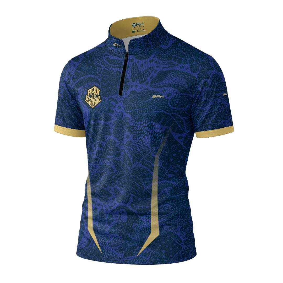 Camiseta Brk Aqui é o Brasil Folhagem Sutil Azul Royal com Proteção UV50