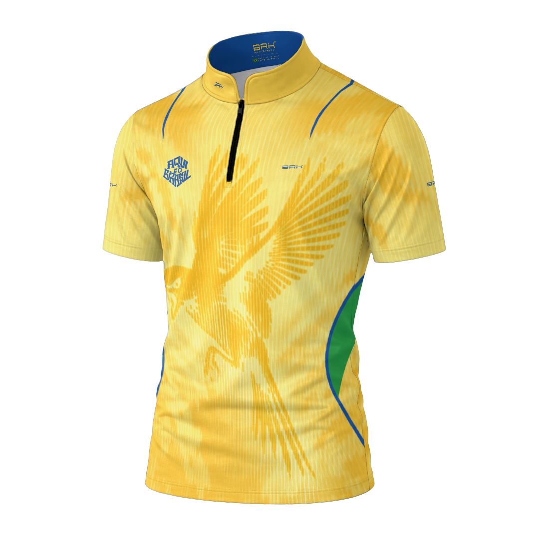 Camiseta Brk Aqui é o Brasil Beija-Flor Sombreado Amarela com Proteção UV50
