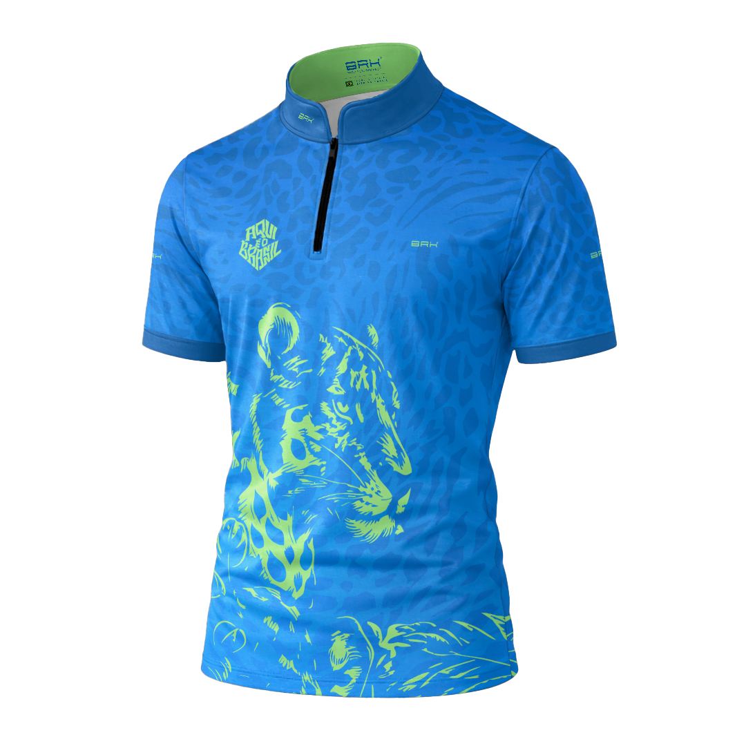 Camiseta Brk Aqui é o Brasil Onça Sombreada Azul com Proteção UV50