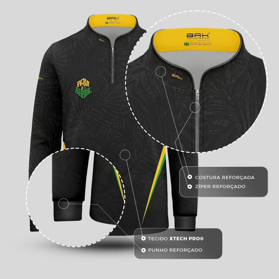 Camisa Brk Infantil Aqui é o Brasil Folhagem Preta com Proteção UV50