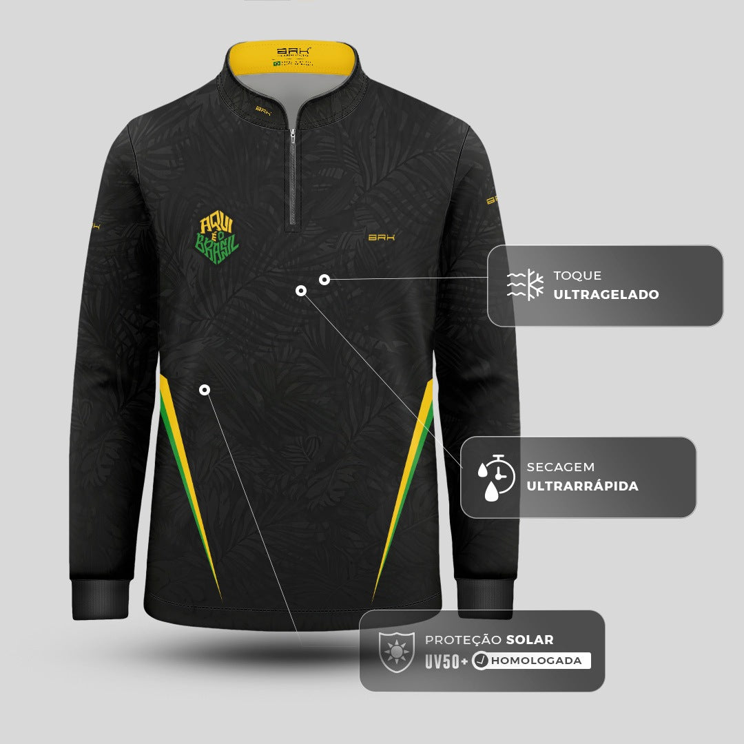 Camisa Brk Infantil Aqui é o Brasil Folhagem Preta com Proteção UV50