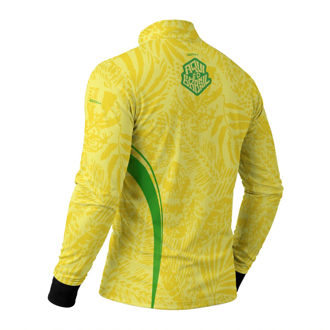 Camisa Brk Aqui é o Brasil Folhagem Tropical Amarela com Proteção UV50