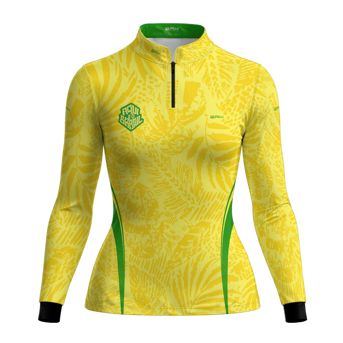 Camisa Brk Feminina Aqui é o Brasil Folhagem Tropical Amarela com Proteção UV50