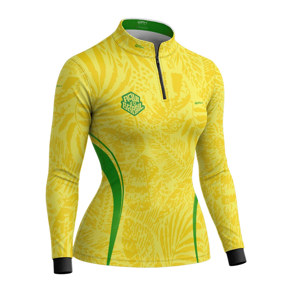 Camisa Brk Feminina Aqui é o Brasil Folhagem Tropical Amarela com Proteção UV50