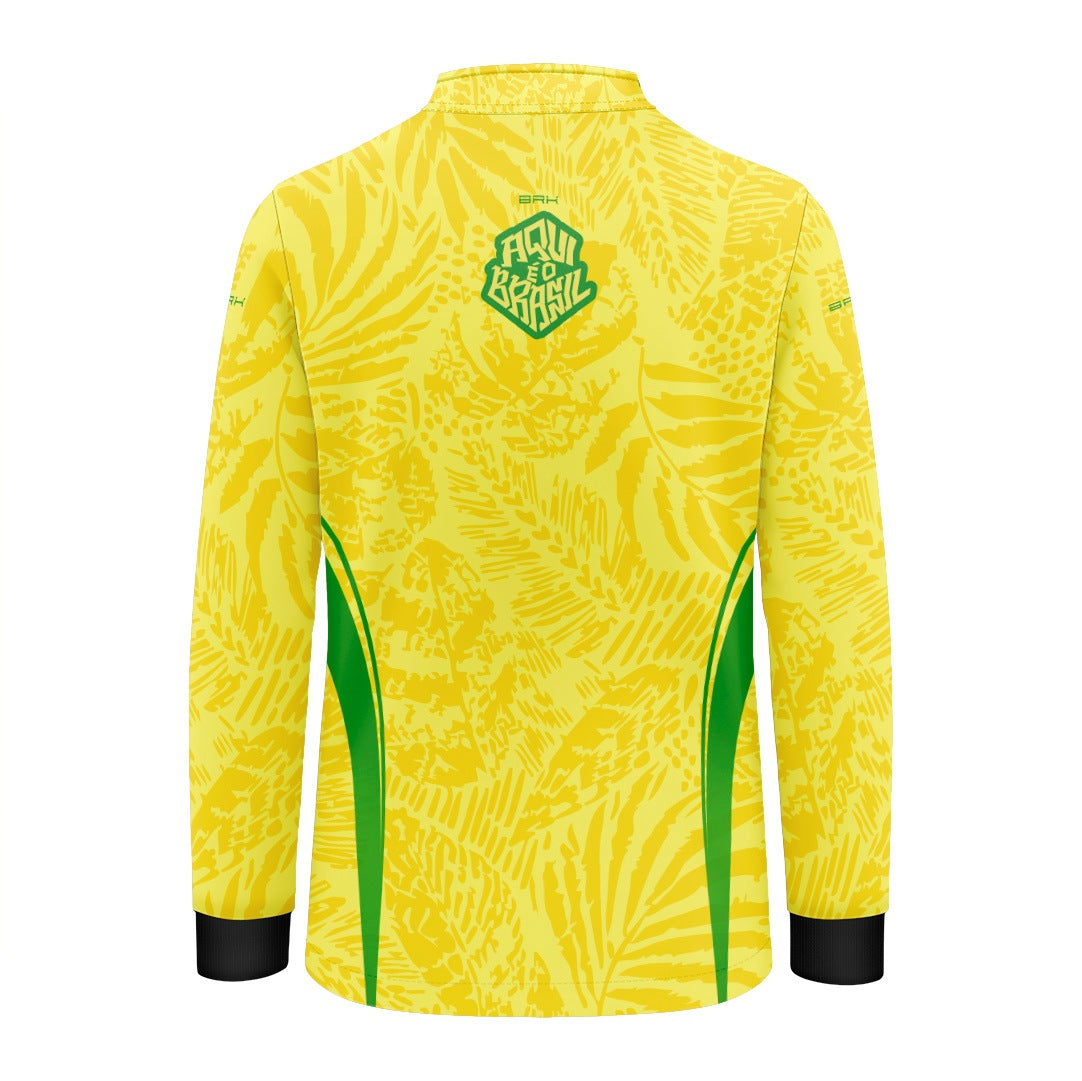 Camisa Brk Infantil Aqui é o Brasil Folhagem Tropical Amarela com Proteção UV50