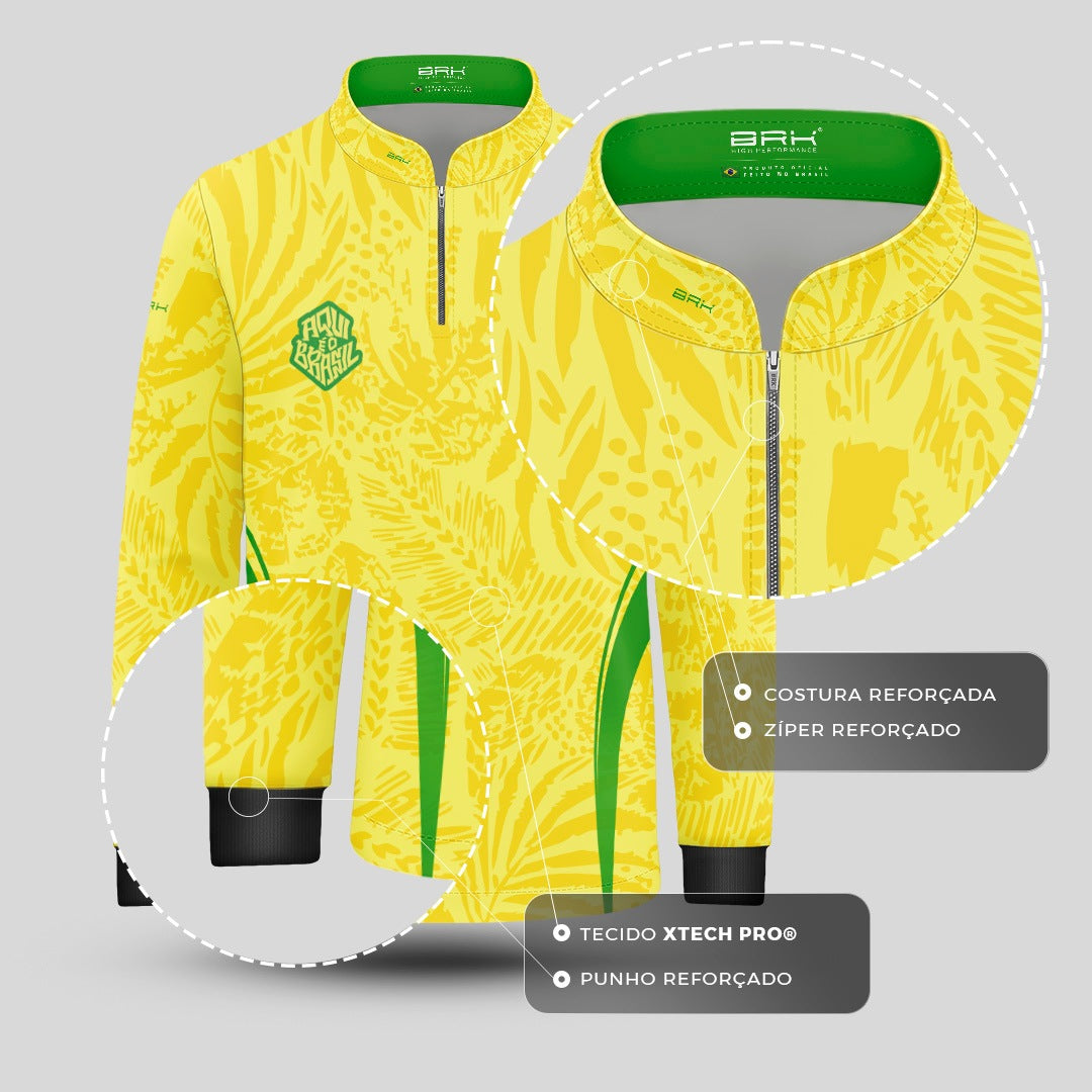 Camisa Brk Infantil Aqui é o Brasil Folhagem Tropical Amarela com Proteção UV50