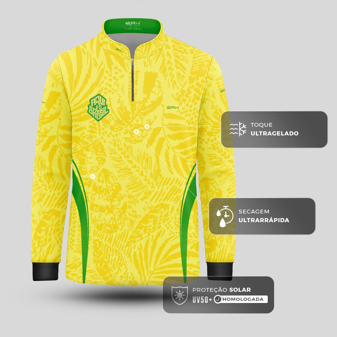 Camisa Brk Infantil Aqui é o Brasil Folhagem Tropical Amarela com Proteção UV50