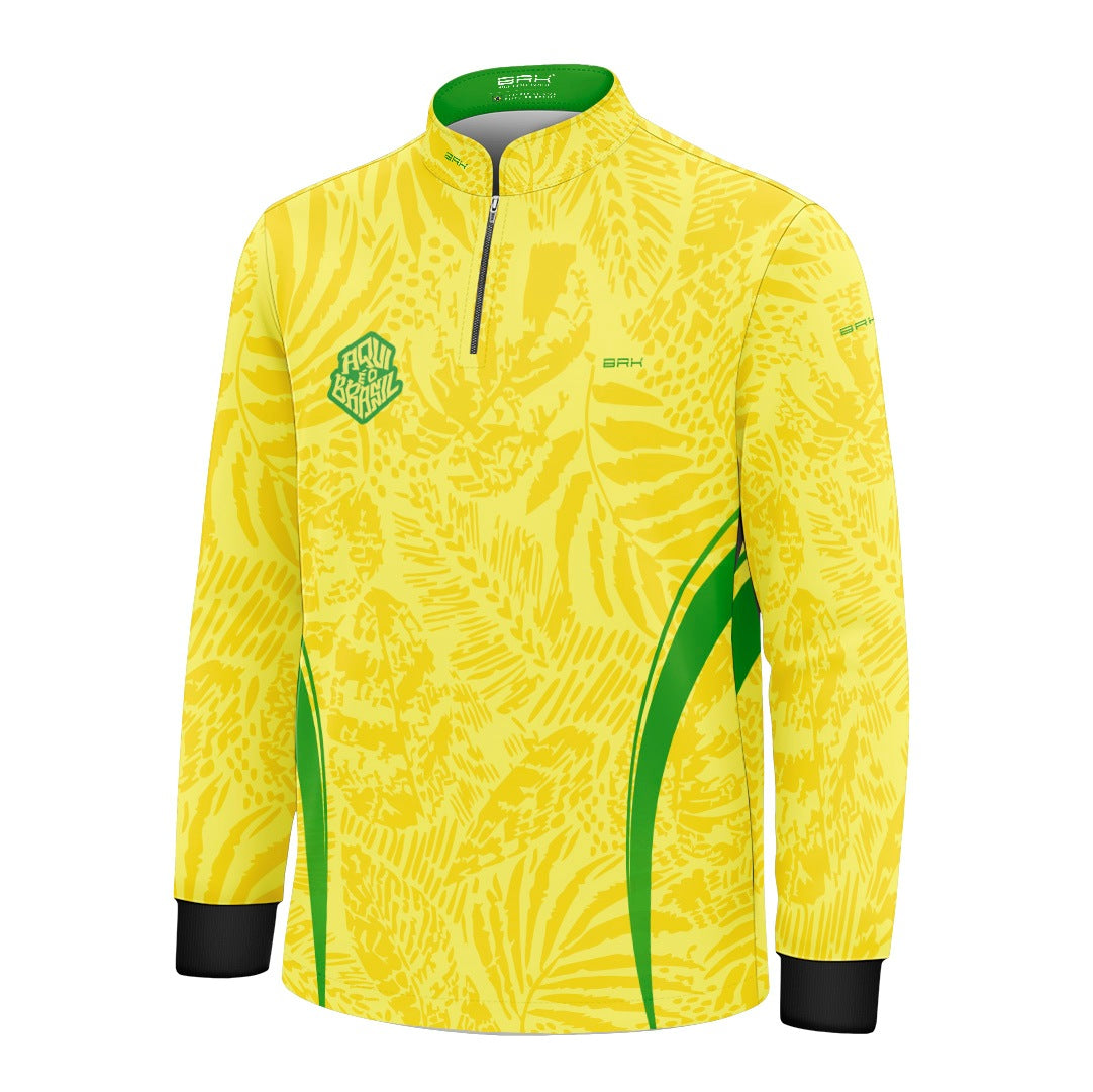 Camisa Brk Infantil Aqui é o Brasil Folhagem Tropical Amarela com Proteção UV50