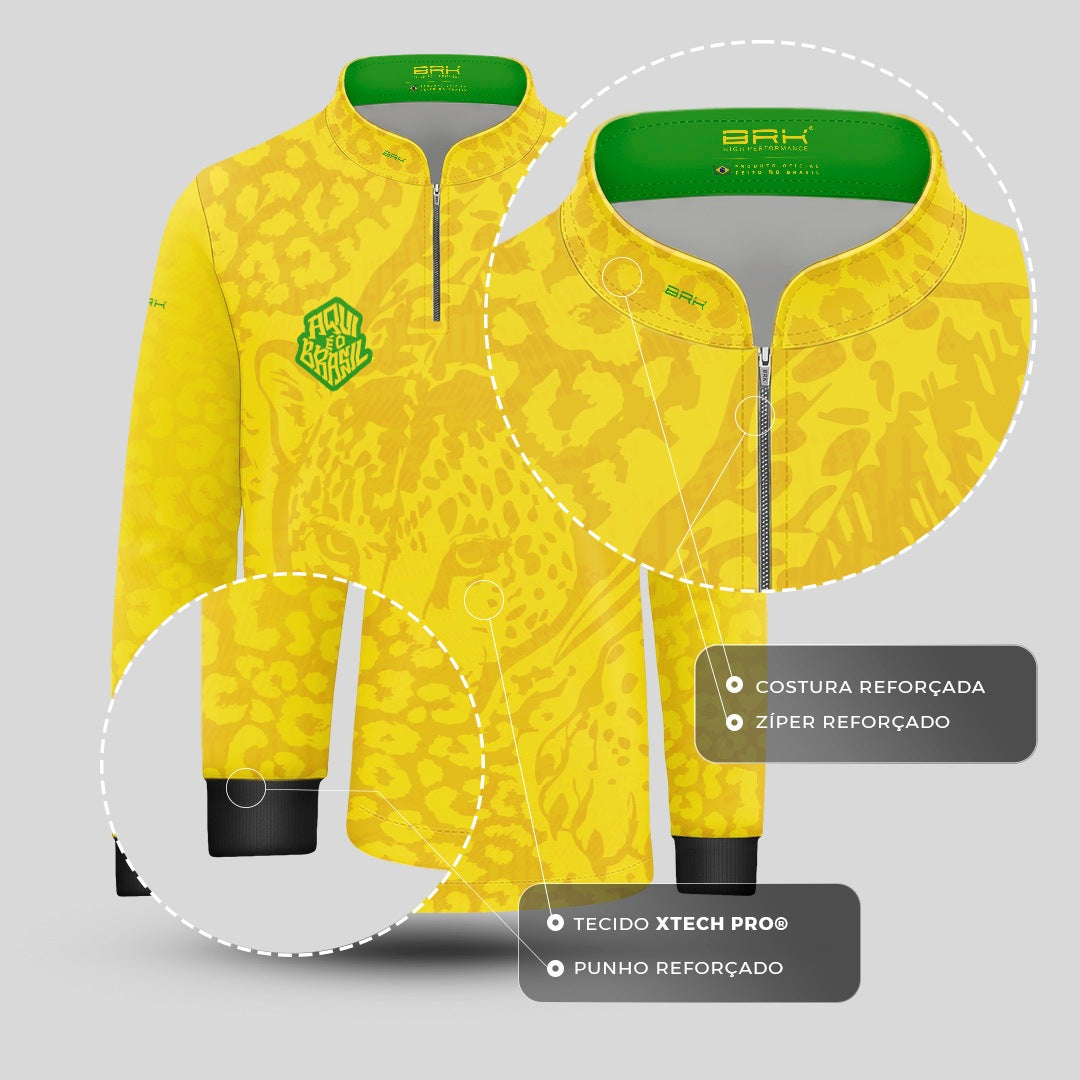 Camisa Brk Infantil Aqui é o Brasil Onça Pintada Amarela com Proteção UV50