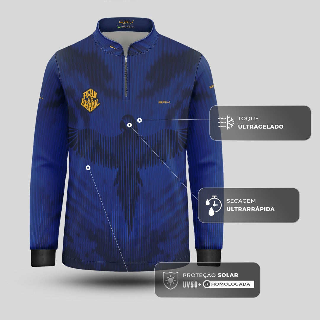 Camisa Brk Infantil Aqui é o Brasil Arara Azul com Proteção UV50