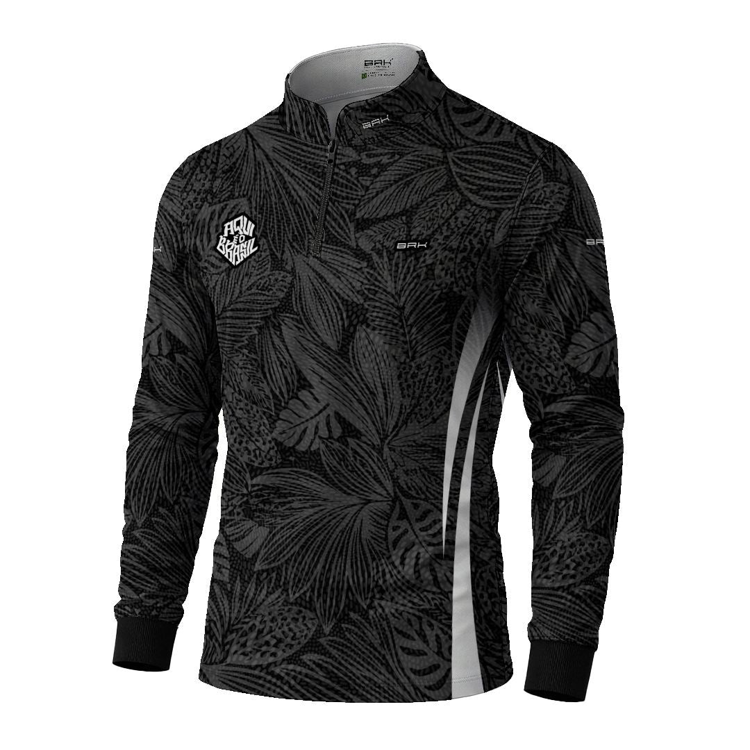 Camisa Brk Aqui é o Brasil Folhagem Tropical Preta com Proteção UV50
