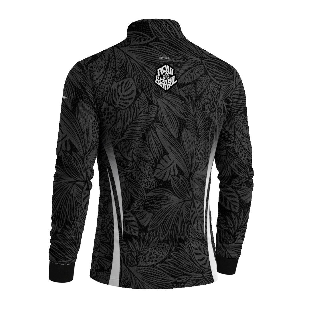 Camisa Brk Aqui é o Brasil Folhagem Tropical Preta com Proteção UV50