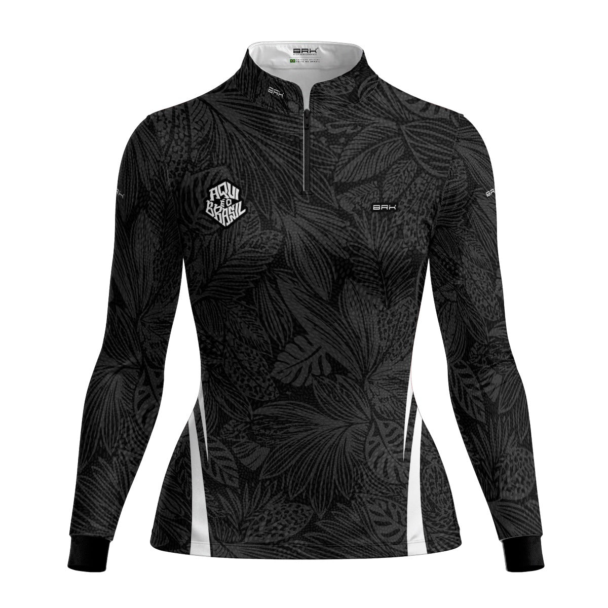 Camisa Brk Feminina Aqui é o Brasil Folhagem Tropical Preta com Proteção UV50