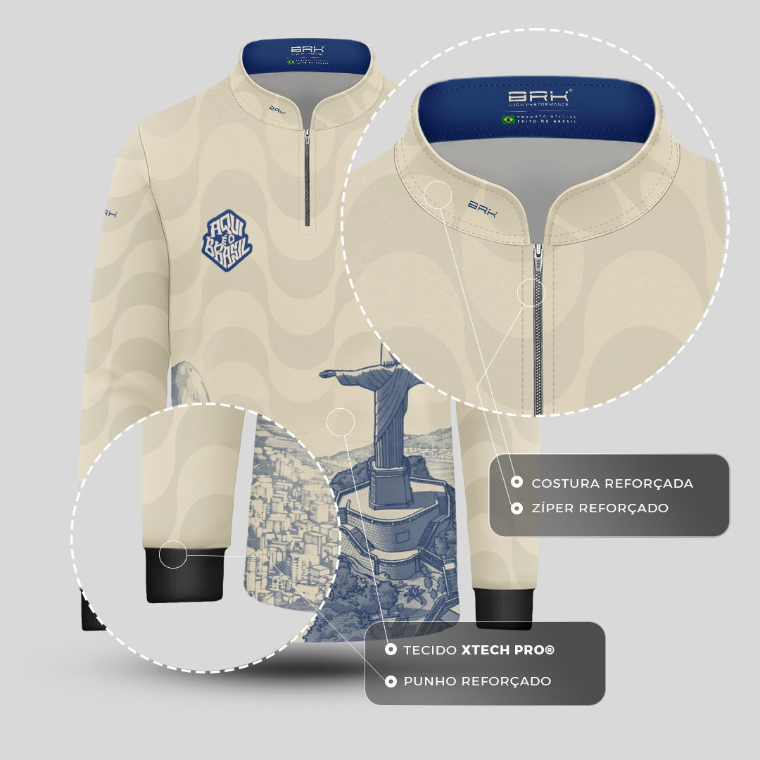 Camisa Brk Infantil Aqui é o Brasil Cristo Redentor Paisagem Bege com Proteção UV50