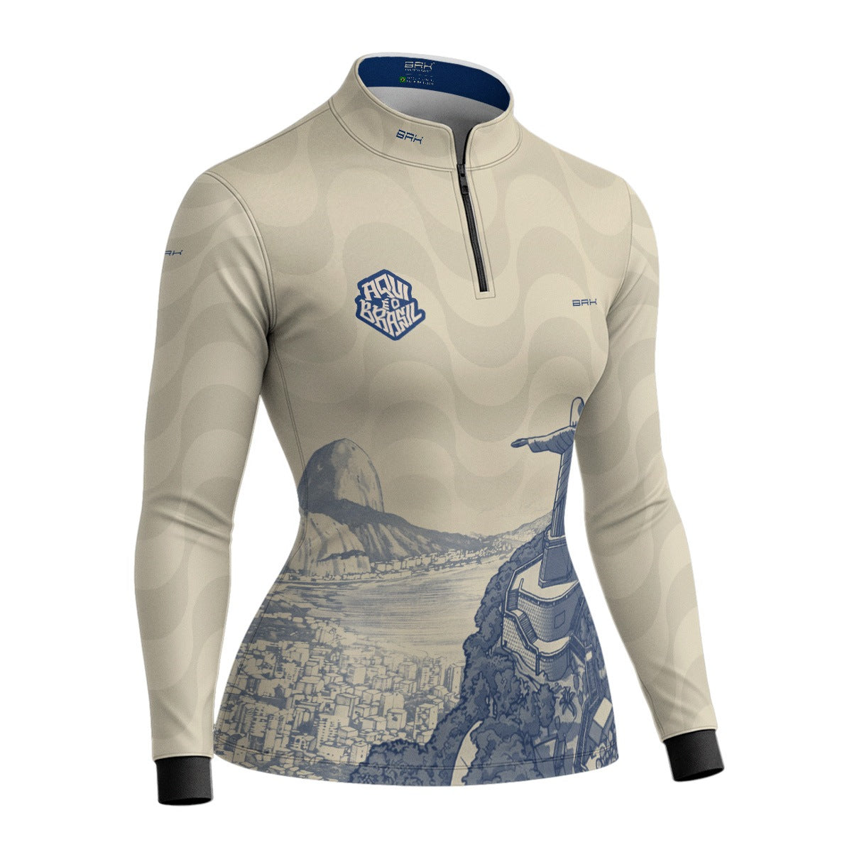 Camisa Brk Feminina Aqui é o Brasil Cristo Redentor Paisagem Bege com Proteção UV50