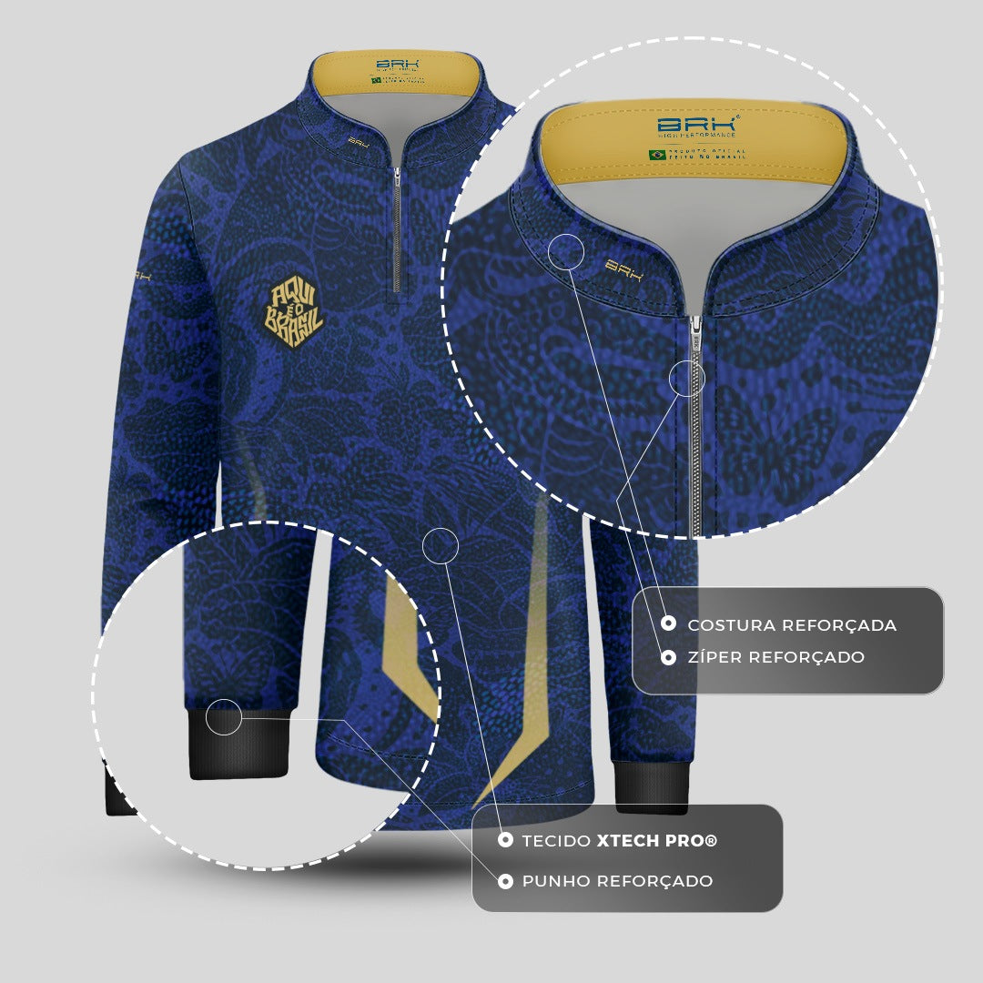 Camisa Brk Infantil Aqui é o Brasil Folhagem Sutil Azul Royal com Proteção UV50