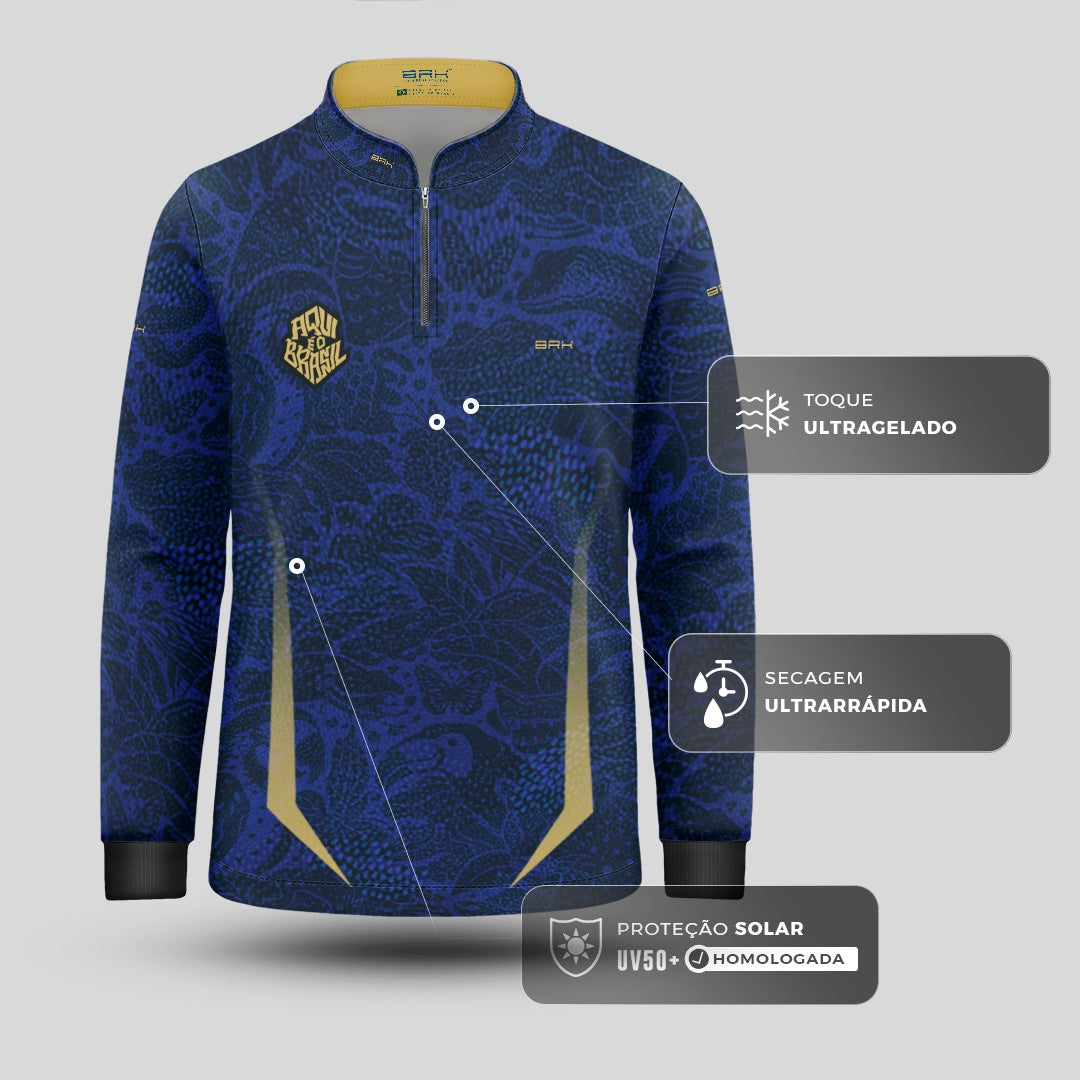 Camisa Brk Infantil Aqui é o Brasil Folhagem Sutil Azul Royal com Proteção UV50