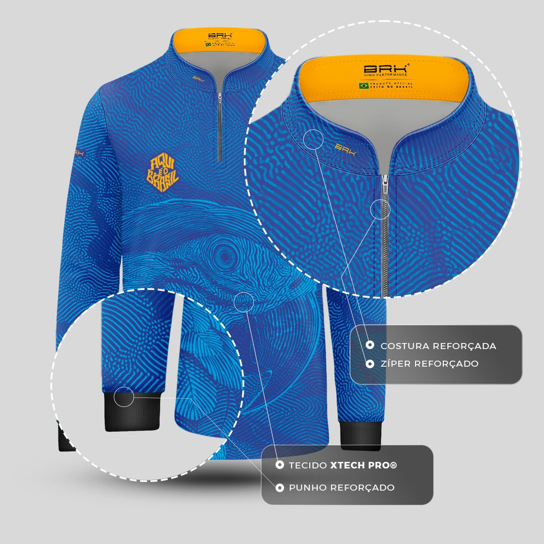 Camisa Brk Infantil Aqui é o Brasil Arara Sombreada Azul Royal com Proteção UV50