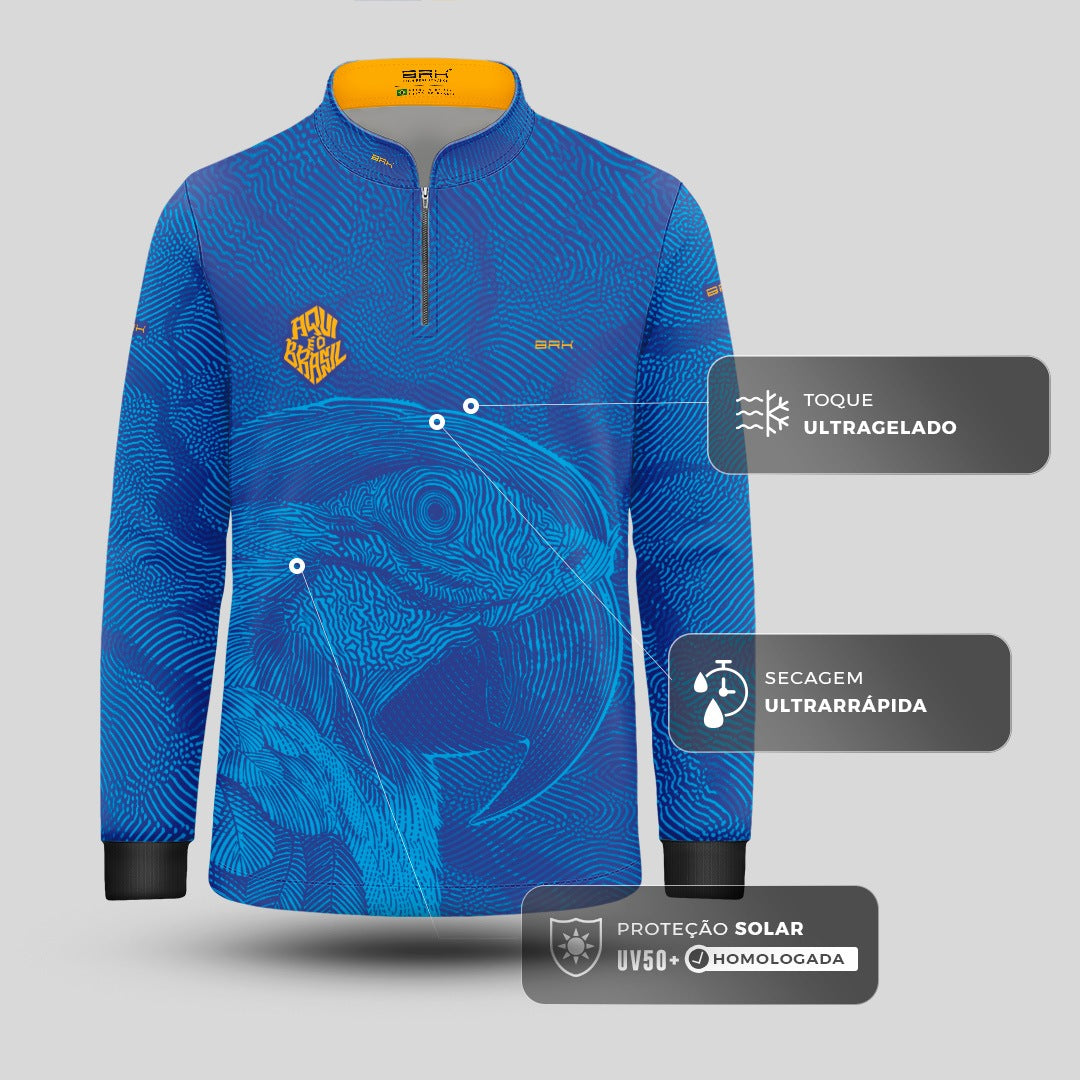 Camisa Brk Infantil Aqui é o Brasil Arara Sombreada Azul Royal com Proteção UV50