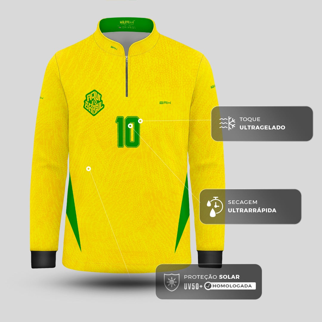 Camisa Brk Infantil Aqui é o Brasil Clássica 10 Amarela com Proteção UV50