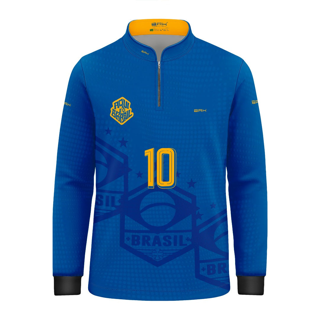 Camisa Brk Infantil Aqui é o Brasil Escudo 10 Azul Royal com Proteção UV50